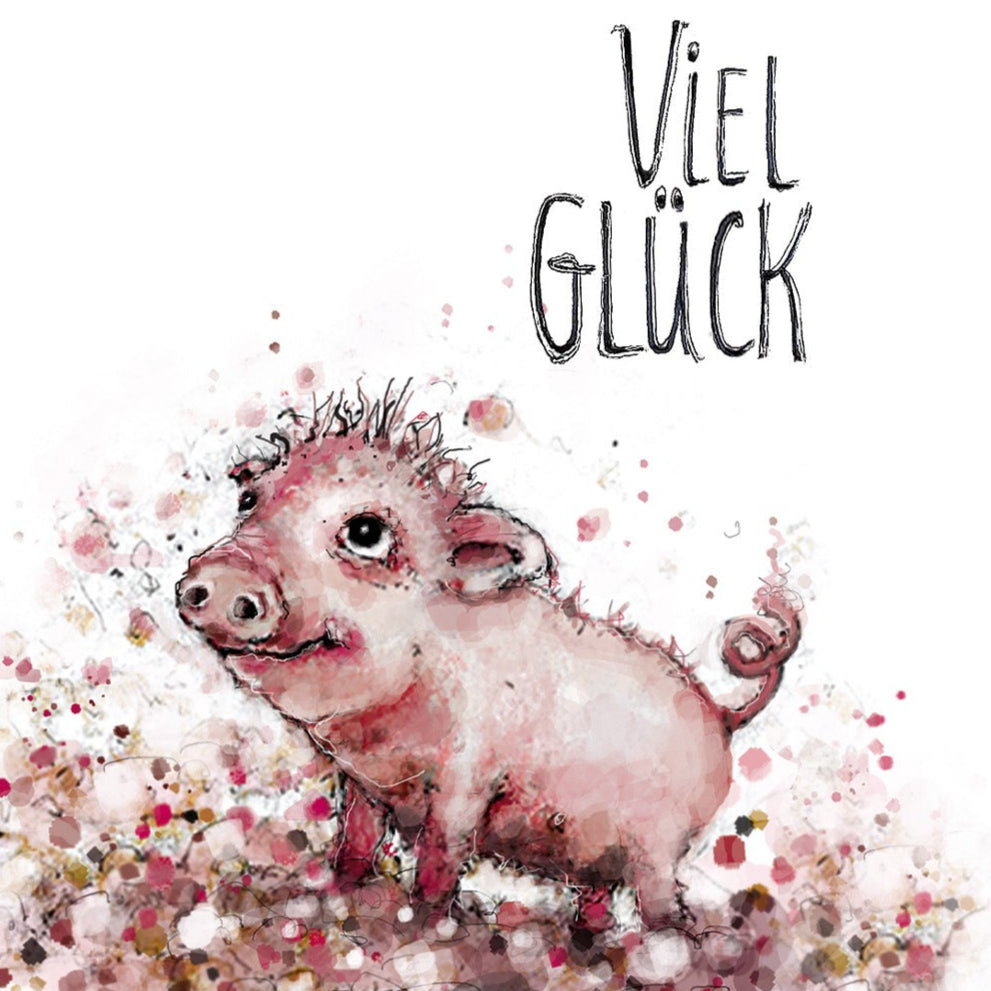 Postkarte Viel Glück - Kleines Schweinchen| Grußkarte handgezeichnet A6 Druck | Glückschwein Karte