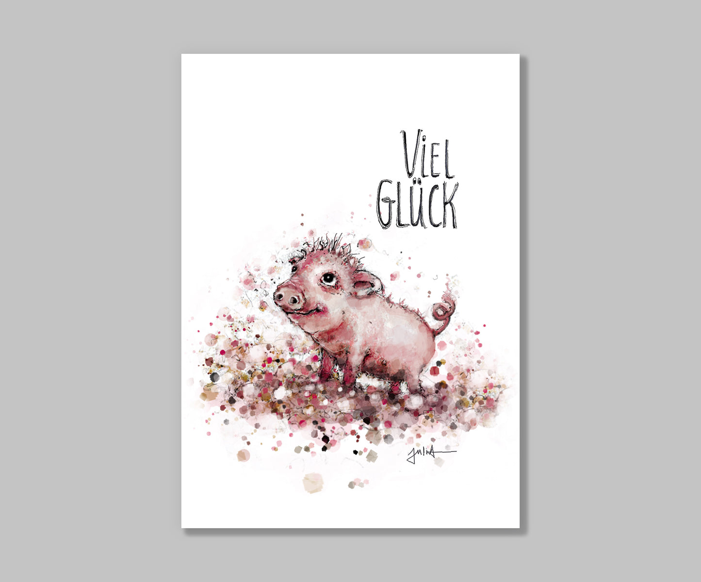Postkarte Viel Glück - Kleines Schweinchen| Grußkarte handgezeichnet A6 Druck | Glückschwein Karte