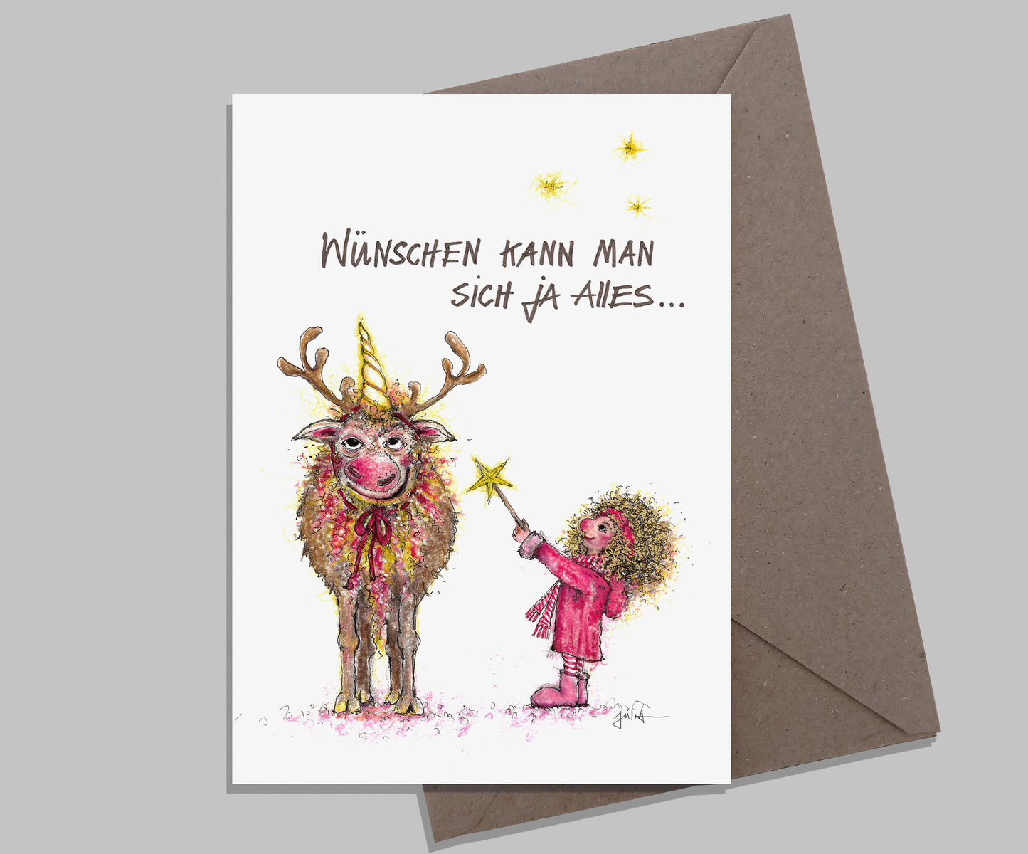 Weihnachtskarte Wünschen kann man sich alles | Einhorn Rentier | A6 Glückwunschkarte