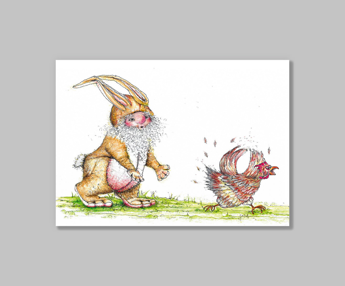 Postkarte Osterhase mit Huhn | Osterkarte handgezeichnet A6 Druck | Osterkarte mit Witz
