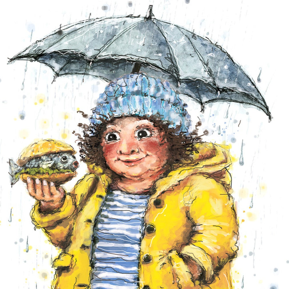 Postkarte Fischbrötchen im Regen | Hamburgerin handgezeichnet A6 Druck | Maritime Kunst mit nordischem Witz