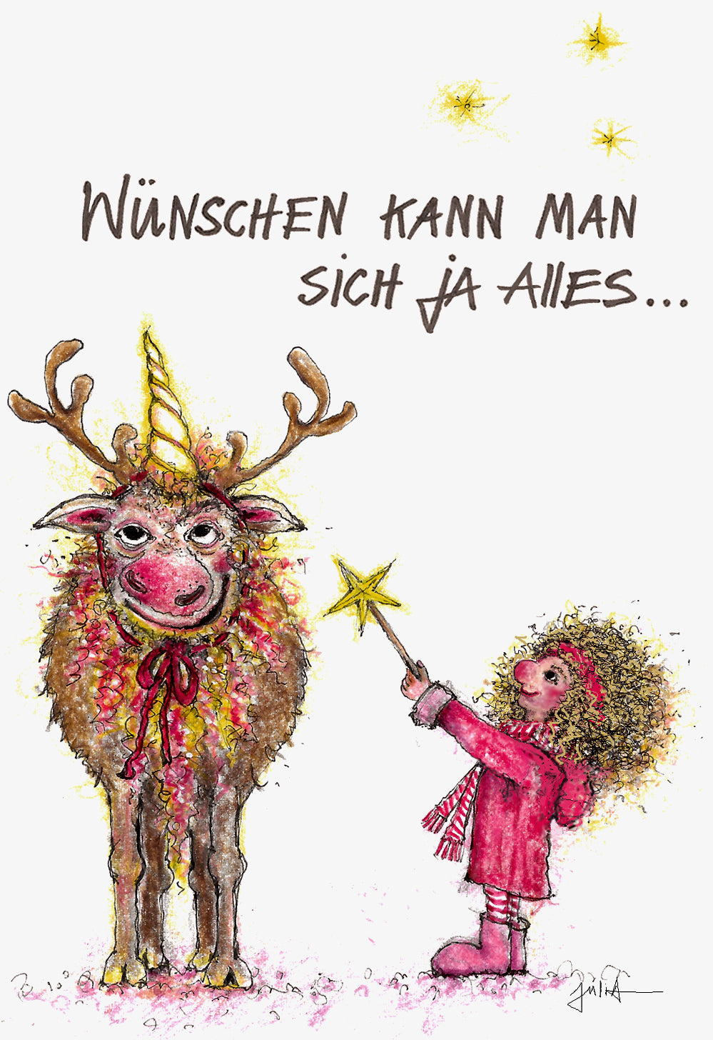 Weihnachtskarte Wünschen kann man sich alles | Einhorn Rentier | A6 Glückwunschkarte