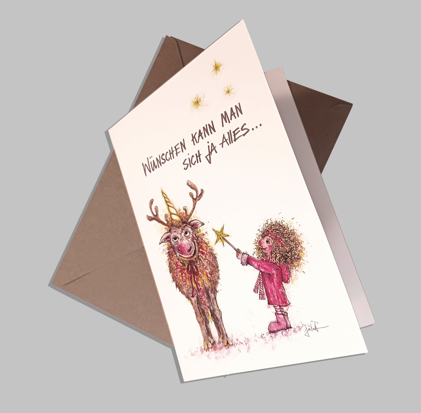Weihnachtskarte Wünschen kann man sich alles | Einhorn Rentier | A6 Glückwunschkarte
