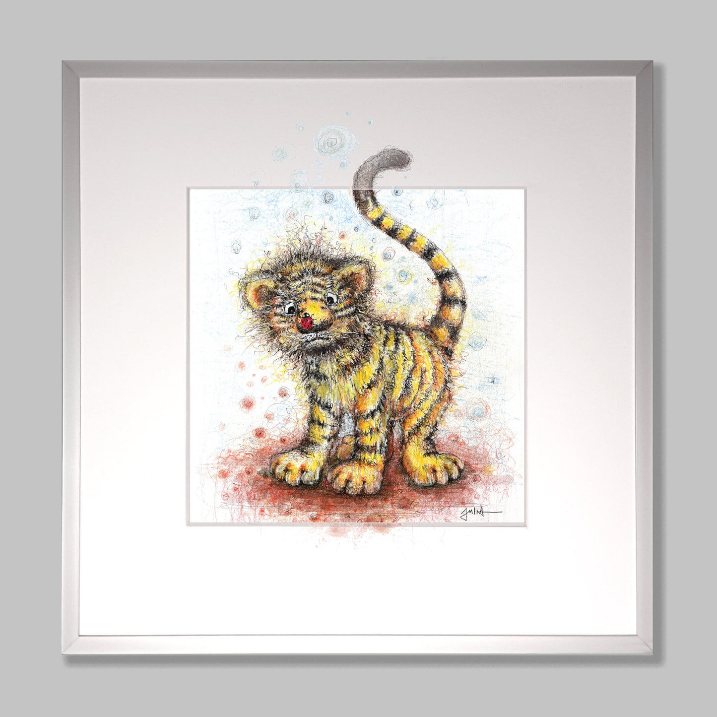 Kleiner Tiger | Hochwertiger Kunstdruck im Bilderrahmen 32,5 x 32,5cm | Zeichnung Tigerbaby