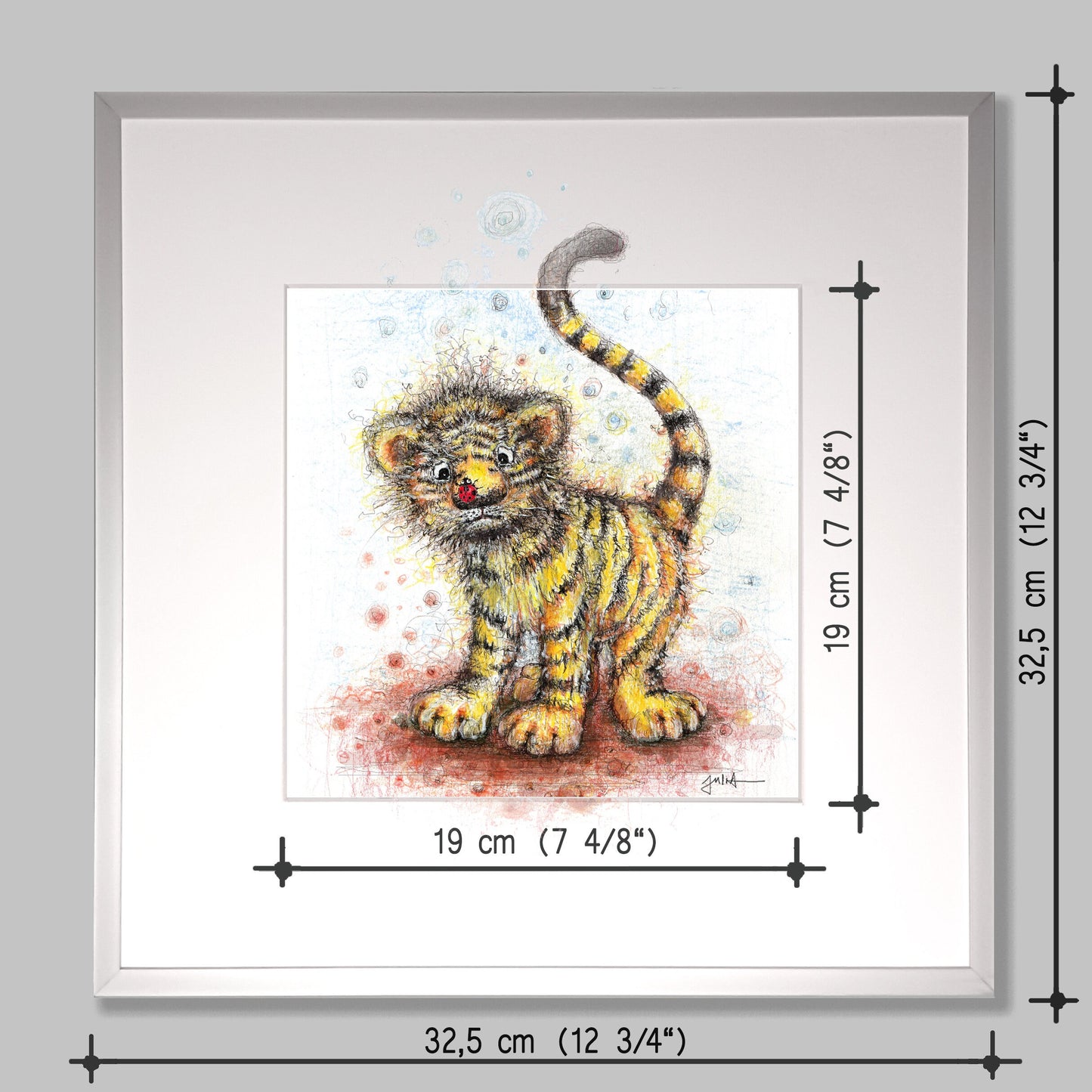 Kleiner Tiger | Hochwertiger Kunstdruck im Bilderrahmen 32,5 x 32,5cm | Zeichnung Tigerbaby