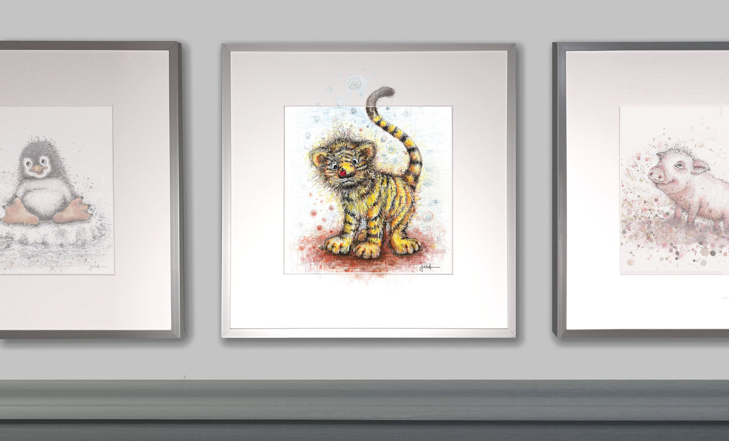 Kleiner Tiger | Hochwertiger Kunstdruck im Bilderrahmen 32,5 x 32,5cm | Zeichnung Tigerbaby