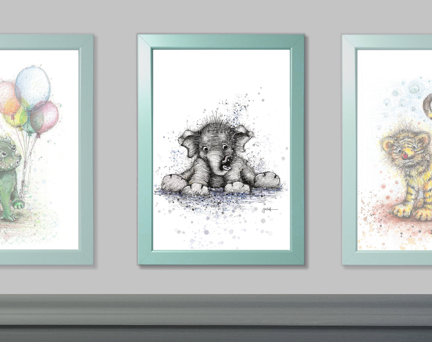 Kleiner Elefant | Hochwertiger Kunstdruck im Bilderrahmen 24,3x33,3cm | Zeichnung Baby Elefant