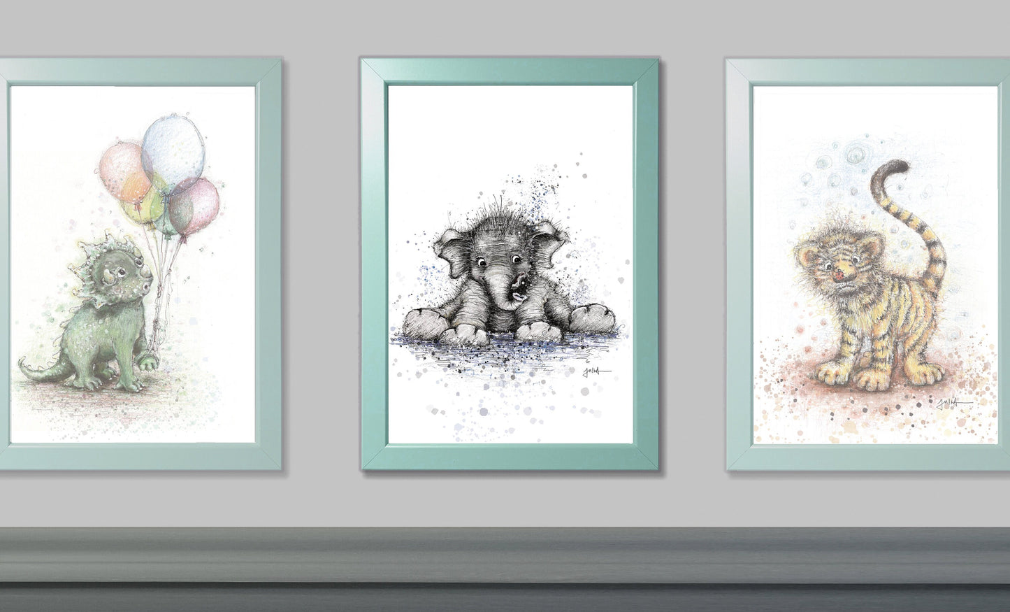 Kleiner Elefant | Hochwertiger Kunstdruck im Bilderrahmen 24,3x33,3cm | Zeichnung Baby Elefant