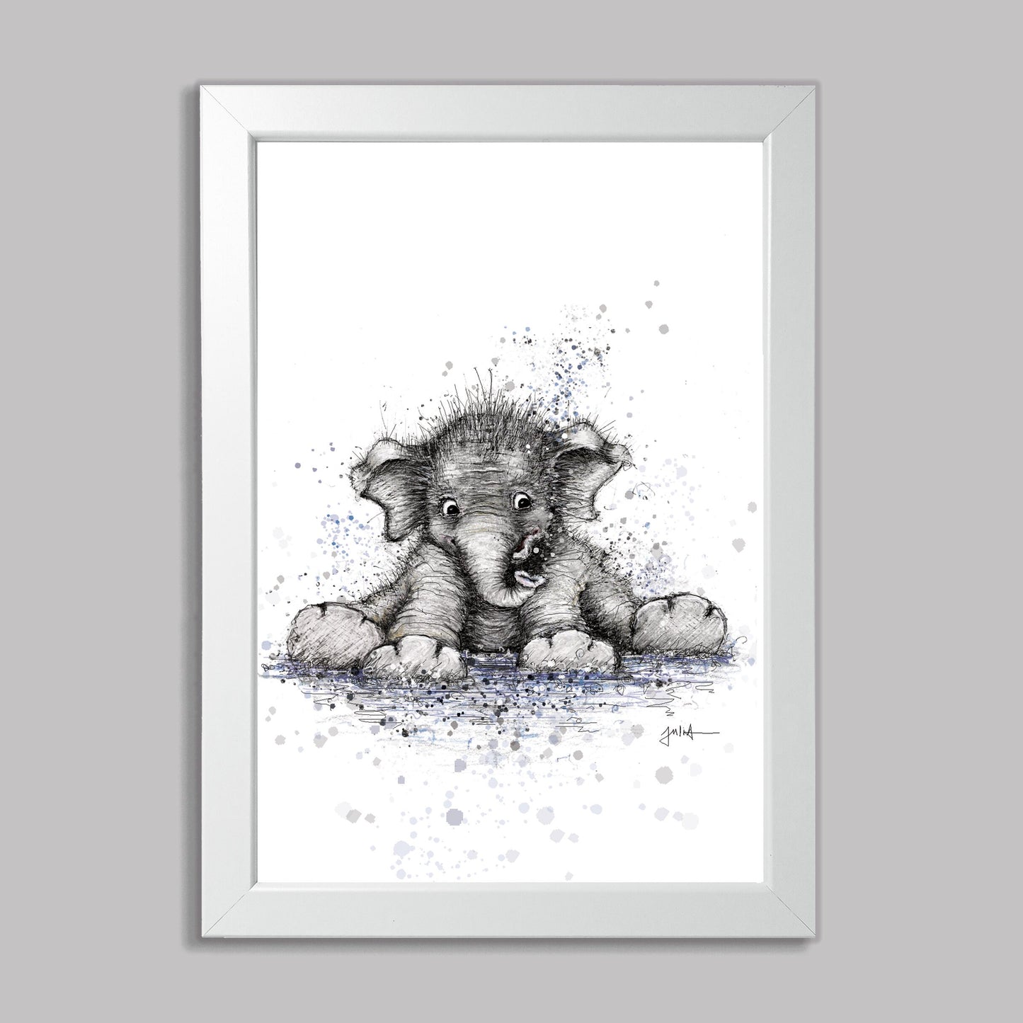Kleiner Elefant | Hochwertiger Kunstdruck im Bilderrahmen 24,3x33,3cm | Zeichnung Baby Elefant