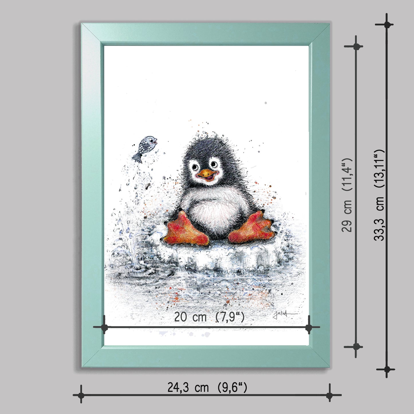 Kleiner Pinguin | Hochwertiger Kunstdruck im Bilderrahmen 24,3x33,3cm | Zeichnung Baby Pinguin