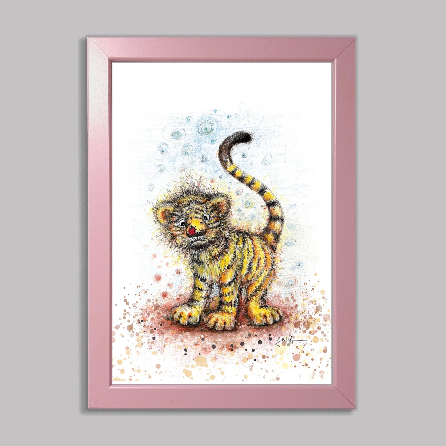 Kleiner Tiger | Hochwertiger Kunstdruck im Bilderrahmen 24,3x33,3cm | Zeichnung Baby Tiger