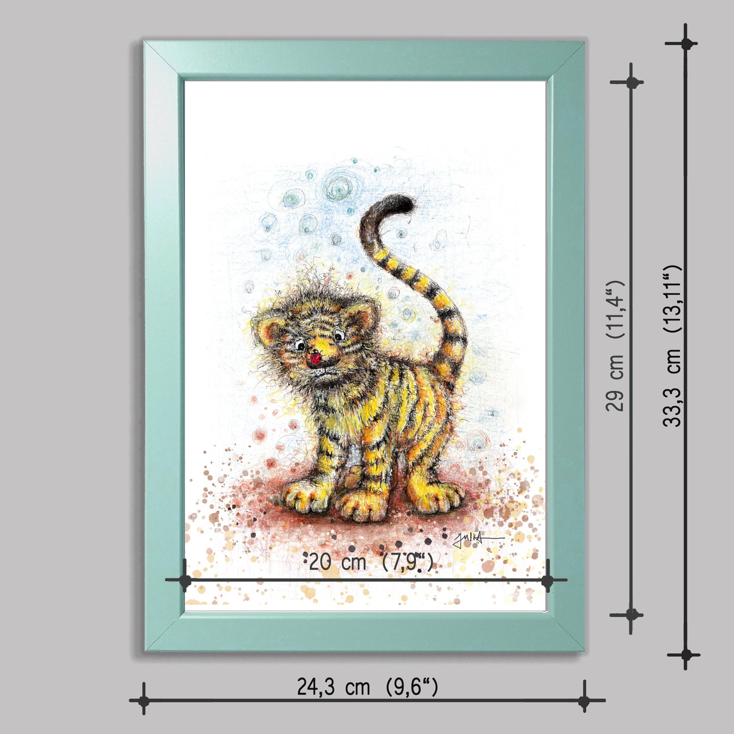 Kleiner Tiger | Hochwertiger Kunstdruck im Bilderrahmen 24,3x33,3cm | Zeichnung Baby Tiger