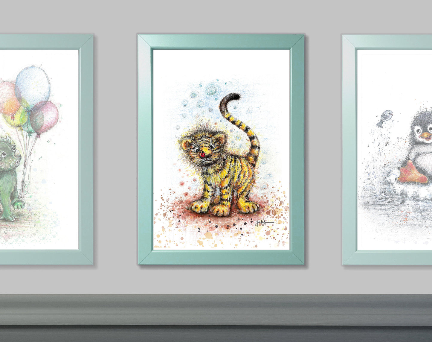 Kleiner Tiger | Hochwertiger Kunstdruck im Bilderrahmen 24,3x33,3cm | Zeichnung Baby Tiger