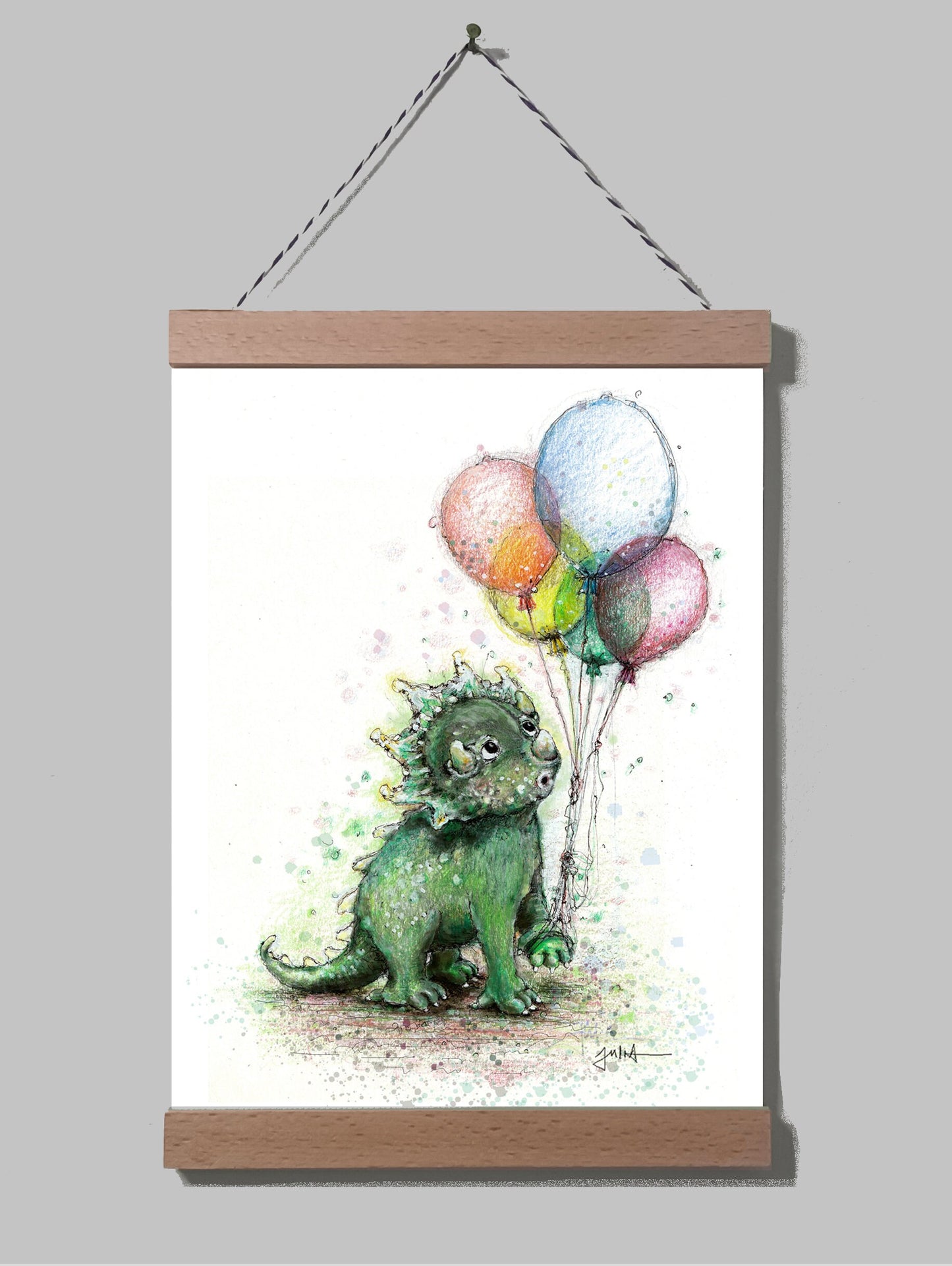 Poster Kleiner Dino A4 | Bild A4 Baby Dino mit Luftballons | Tiermotiv auf Leinwand