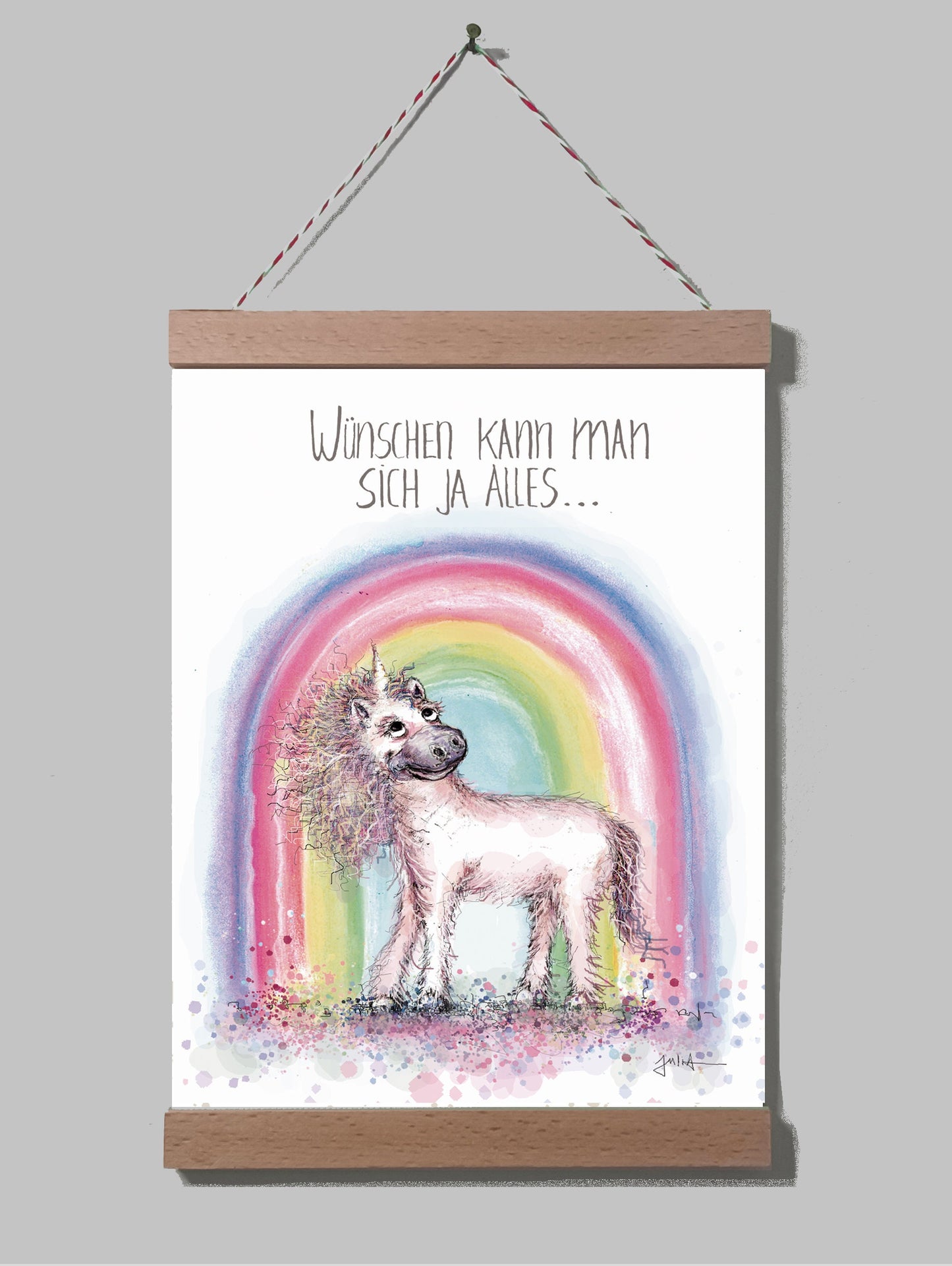 Poster Kleines Einhorn A4 | Bild A4 Regenbogen Einhorn | Rosa Einhorn Regenbogen auf Leinwand