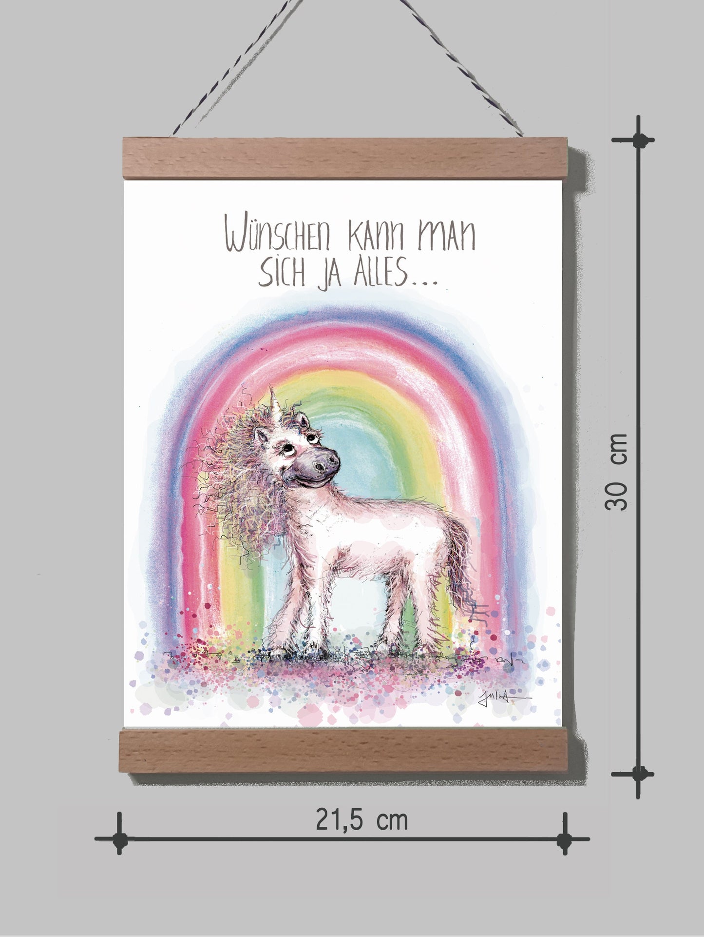Poster Kleines Einhorn A4 | Bild A4 Regenbogen Einhorn | Rosa Einhorn Regenbogen auf Leinwand