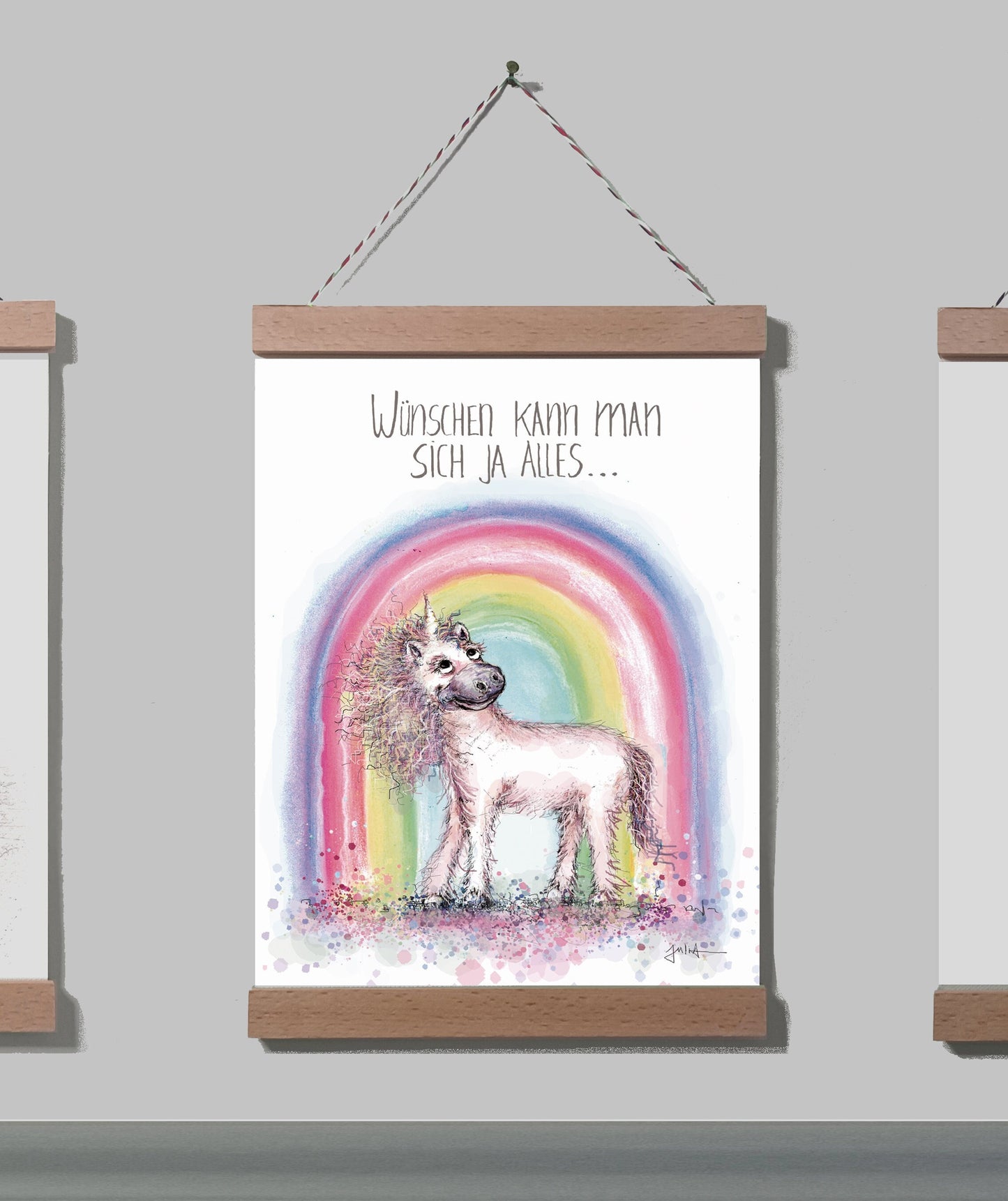 Poster Kleines Einhorn A4 | Bild A4 Regenbogen Einhorn | Rosa Einhorn Regenbogen auf Leinwand