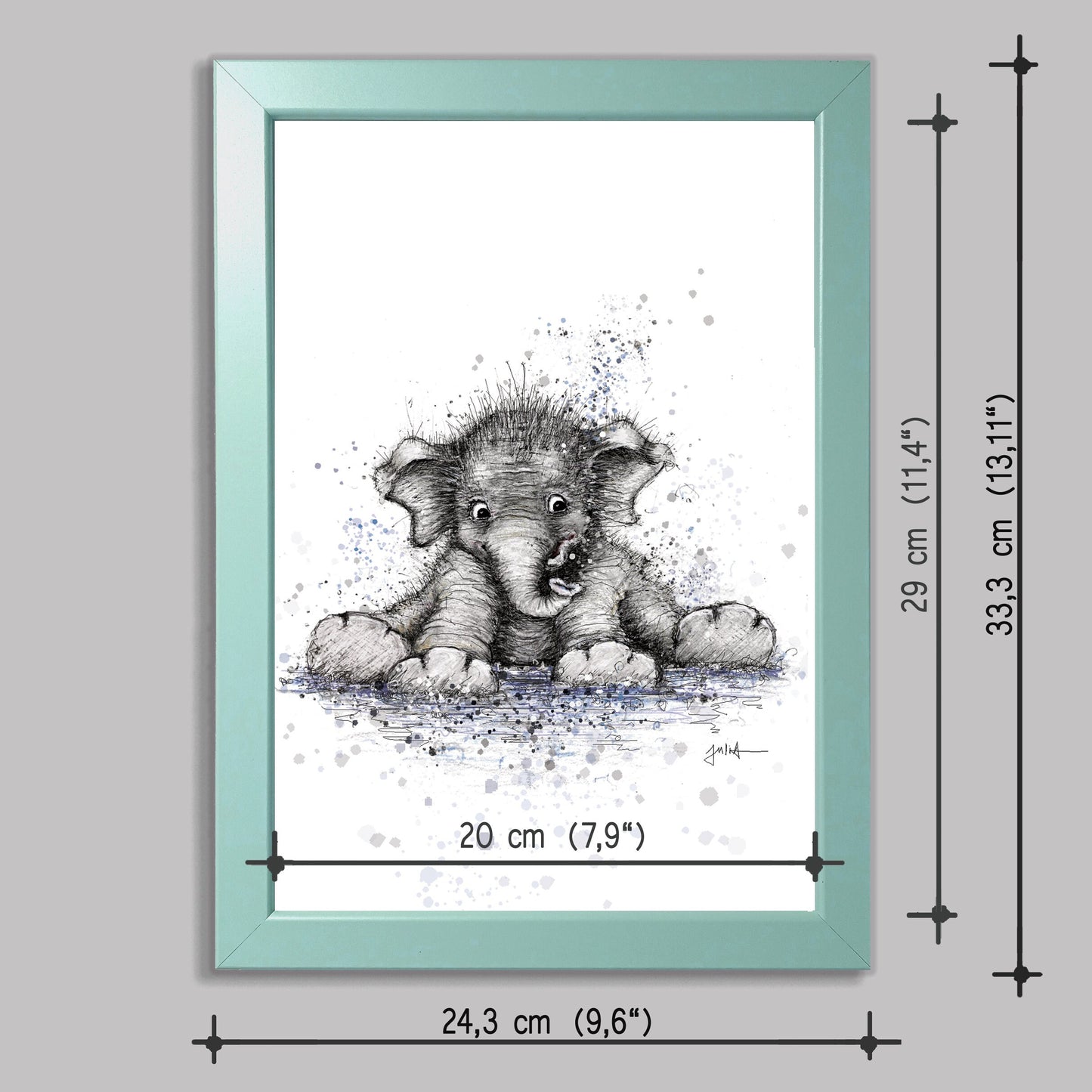 Kleiner Elefant | Hochwertiger Kunstdruck im Bilderrahmen 24,3x33,3cm | Zeichnung Baby Elefant