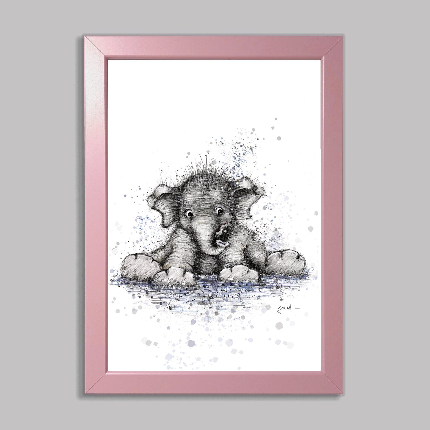 Kleiner Elefant | Hochwertiger Kunstdruck im Bilderrahmen 24,3x33,3cm | Zeichnung Baby Elefant