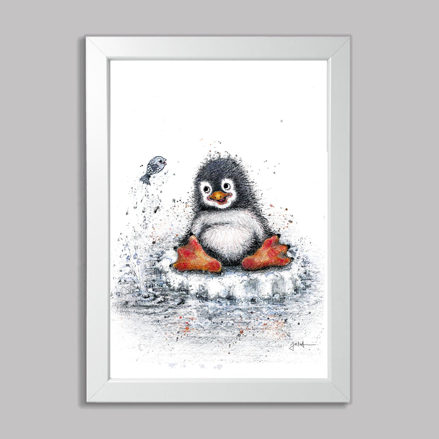 Kleiner Pinguin | Hochwertiger Kunstdruck im Bilderrahmen 24,3x33,3cm | Zeichnung Baby Pinguin