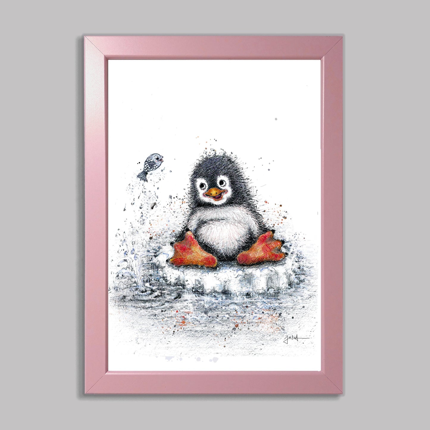 Kleiner Pinguin | Hochwertiger Kunstdruck im Bilderrahmen 24,3x33,3cm | Zeichnung Baby Pinguin