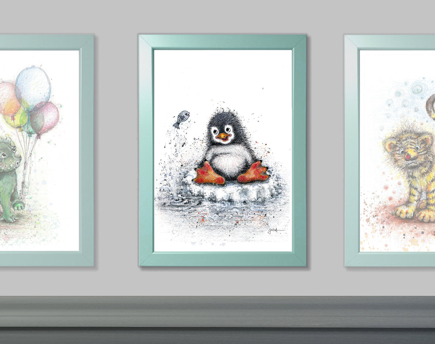 Kleiner Pinguin | Hochwertiger Kunstdruck im Bilderrahmen 24,3x33,3cm | Zeichnung Baby Pinguin