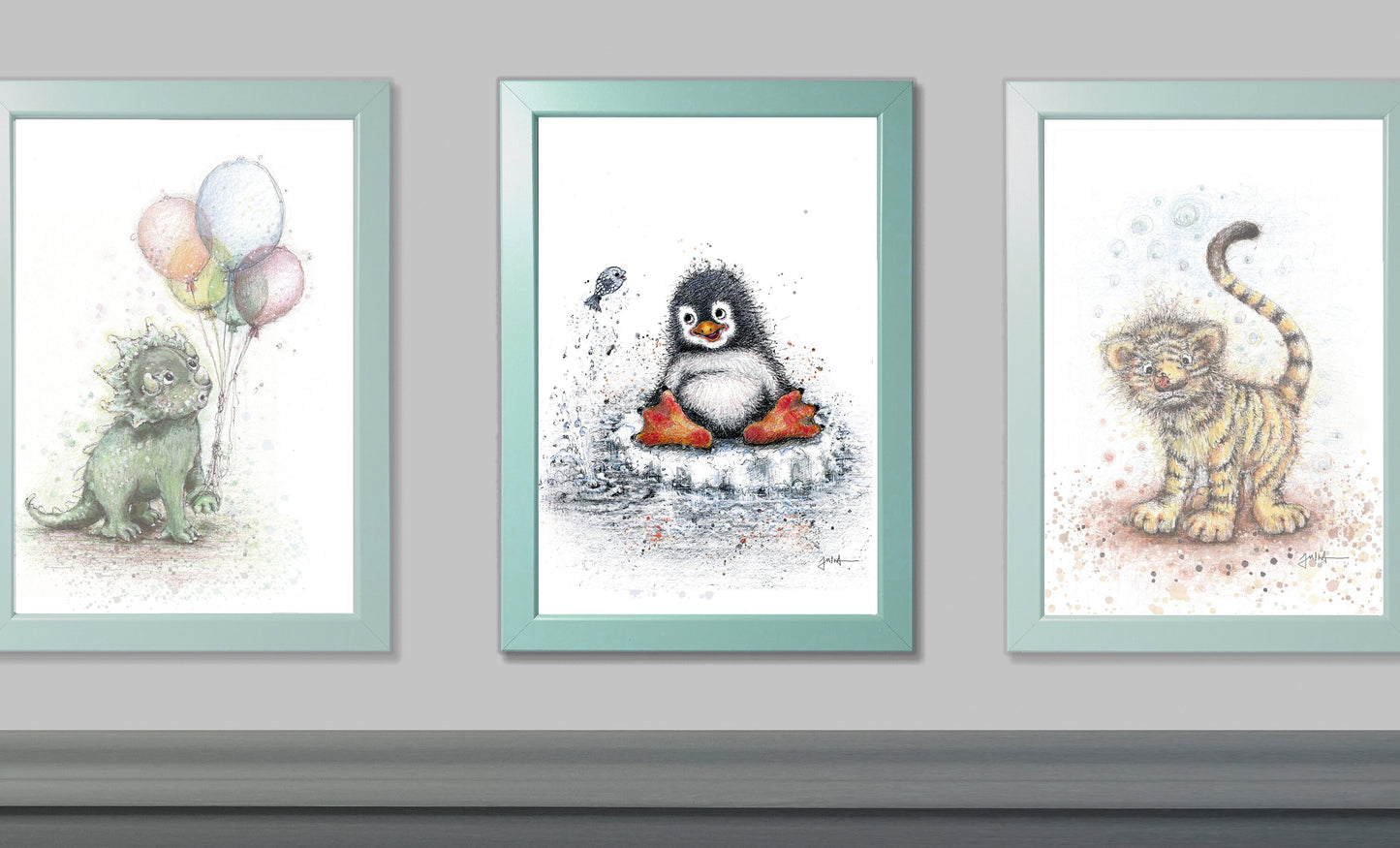Kleiner Pinguin | Hochwertiger Kunstdruck im Bilderrahmen 24,3x33,3cm | Zeichnung Baby Pinguin