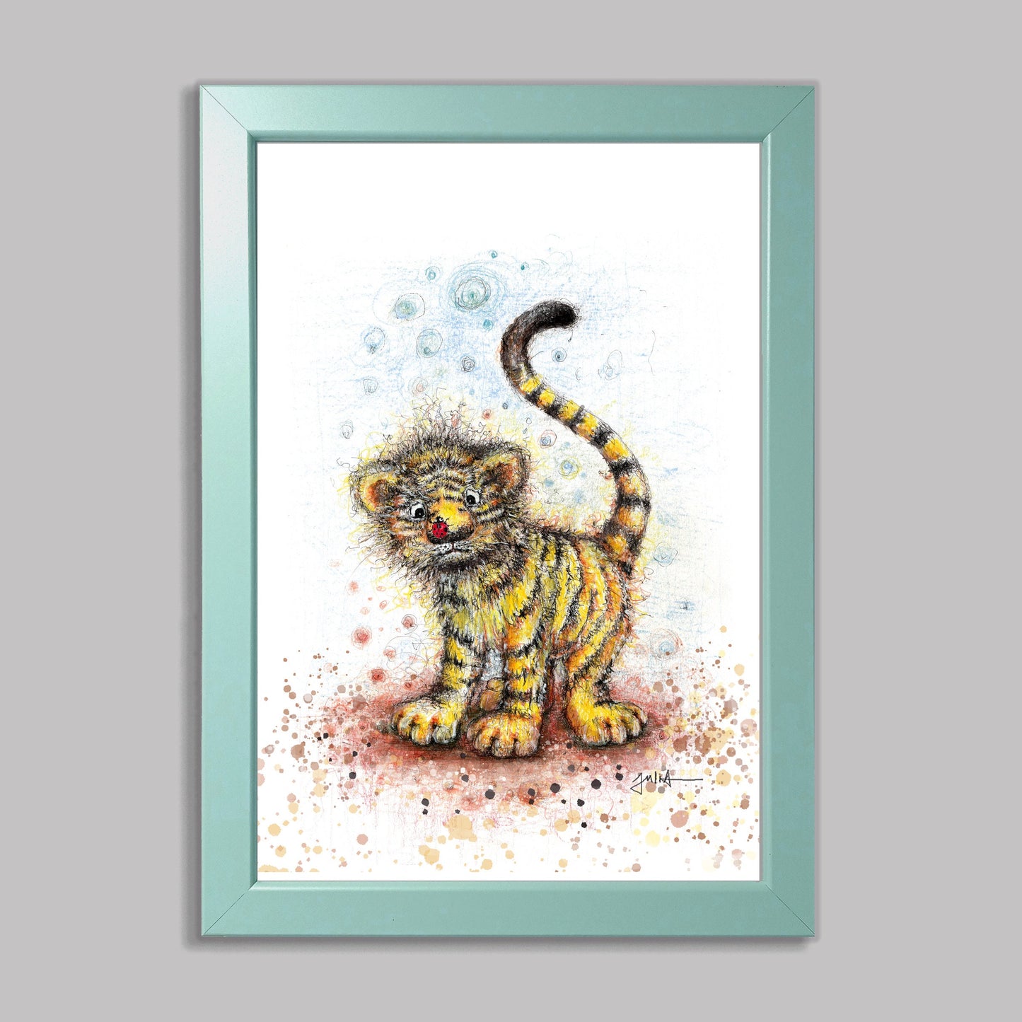 Kleiner Tiger | Hochwertiger Kunstdruck im Bilderrahmen 24,3x33,3cm | Zeichnung Baby Tiger