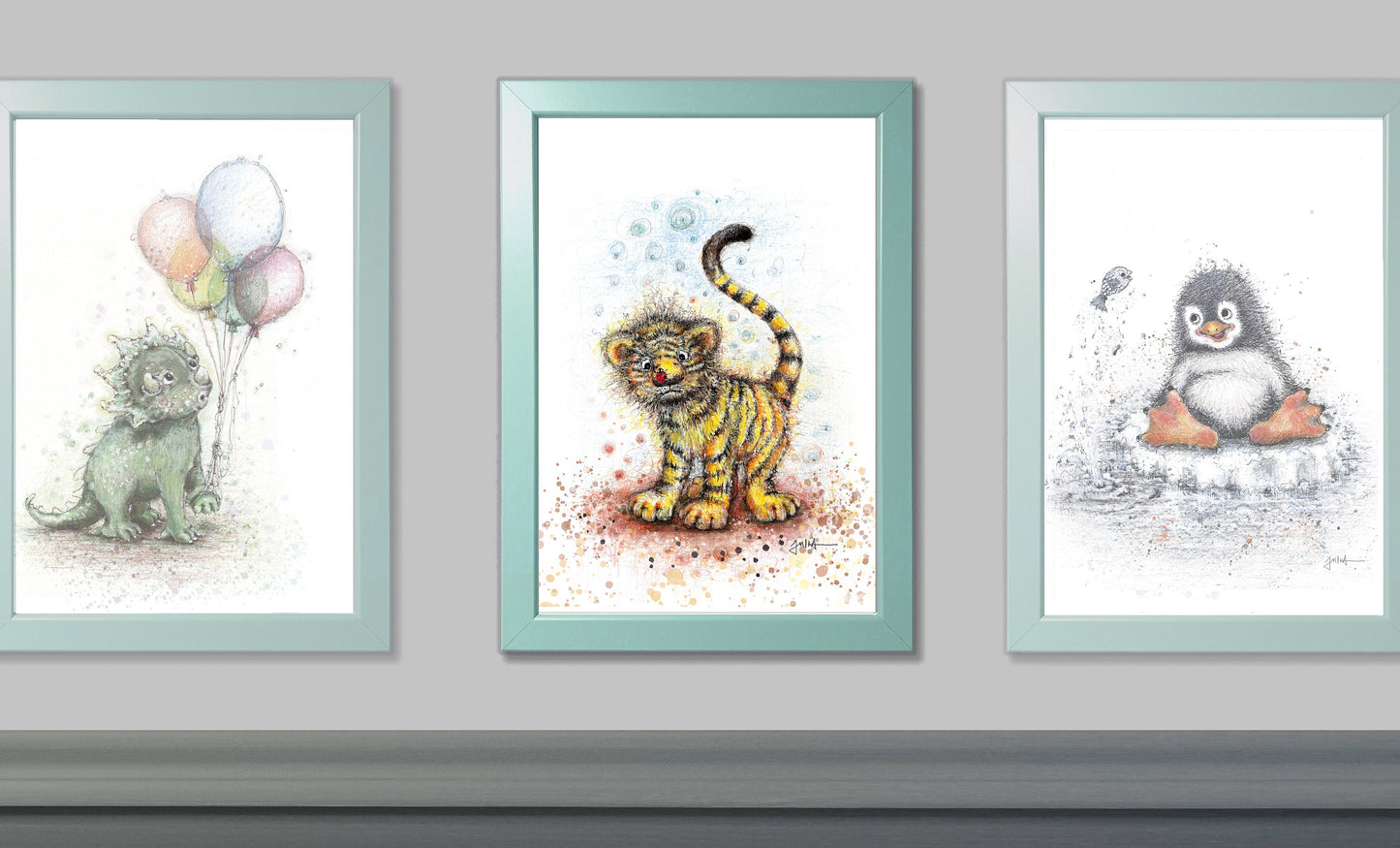 Kleiner Tiger | Hochwertiger Kunstdruck im Bilderrahmen 24,3x33,3cm | Zeichnung Baby Tiger