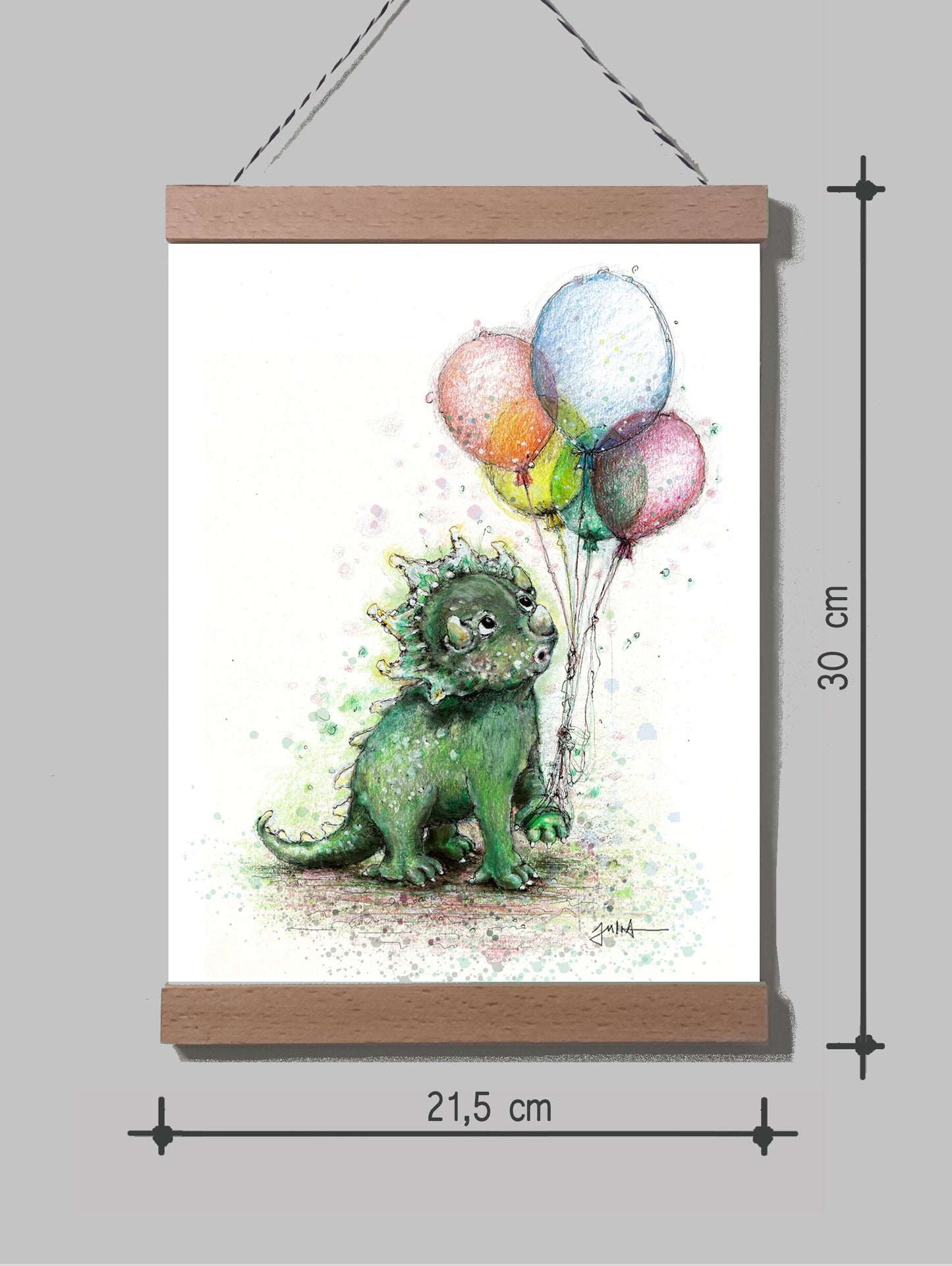Poster Kleiner Dino A4 | Bild A4 Baby Dino mit Luftballons | Tiermotiv auf Leinwand