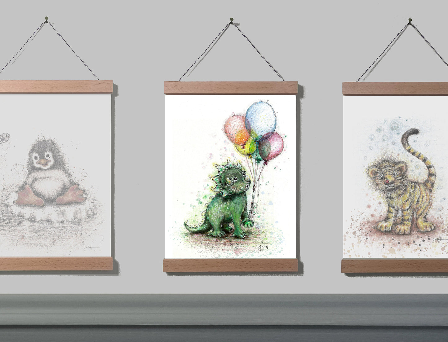 Poster Kleiner Dino A4 | Bild A4 Baby Dino mit Luftballons | Tiermotiv auf Leinwand