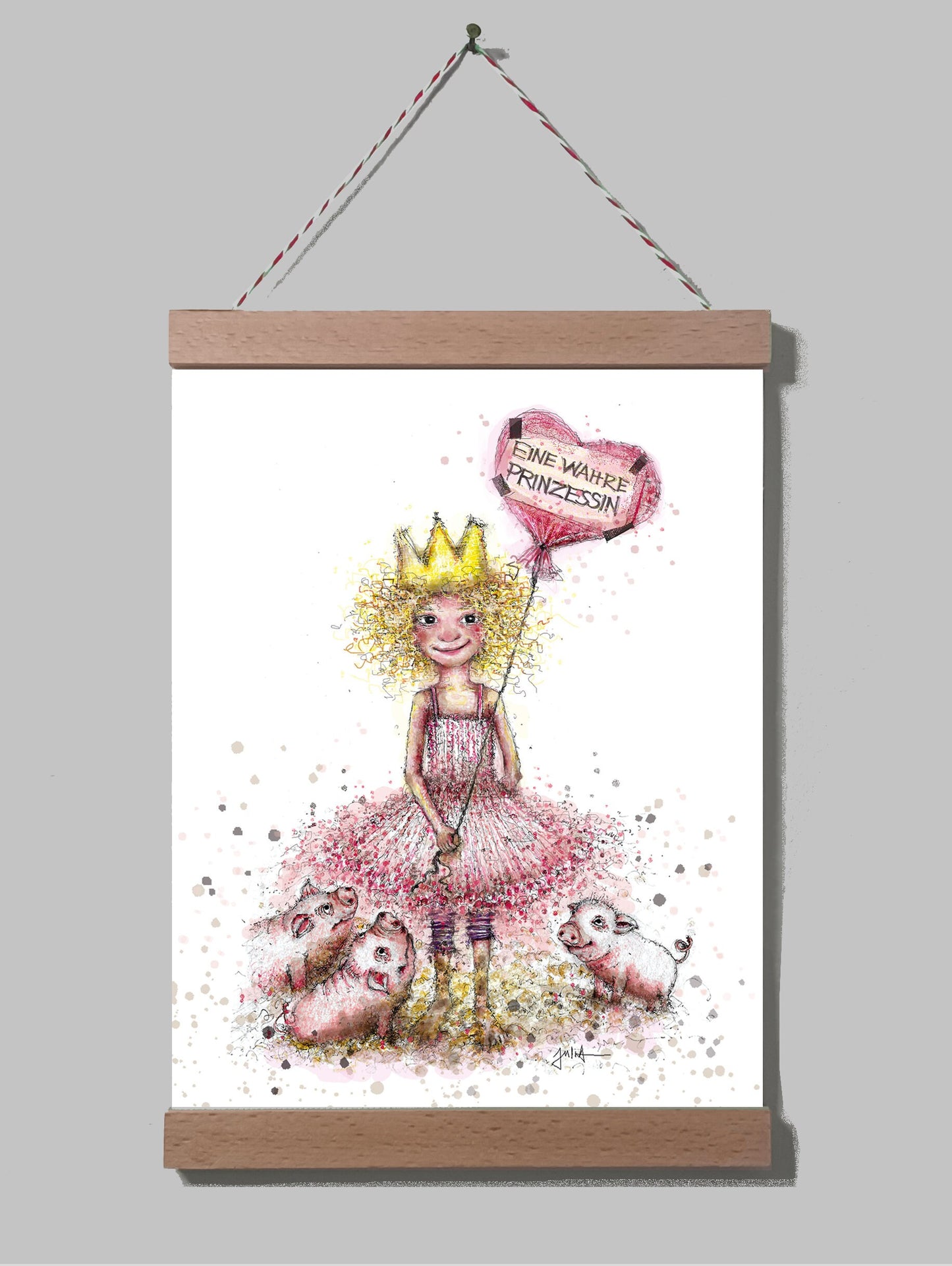 Poster Kleine Prinzessin A4 | Bild A4 Mädchen Wahre Prinzessin | Prinzessin mit Schweinchen auf Leinwand
