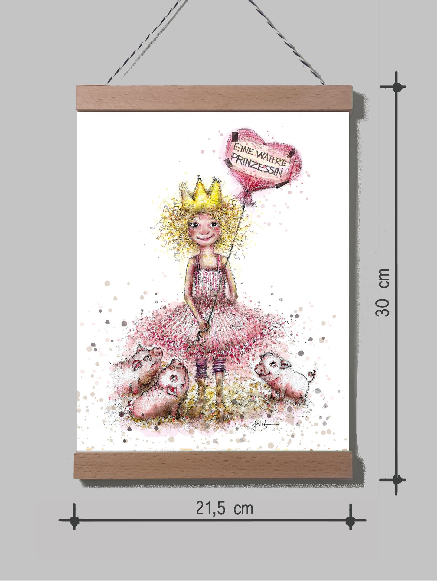 Poster Kleine Prinzessin A4 | Bild A4 Mädchen Wahre Prinzessin | Prinzessin mit Schweinchen auf Leinwand