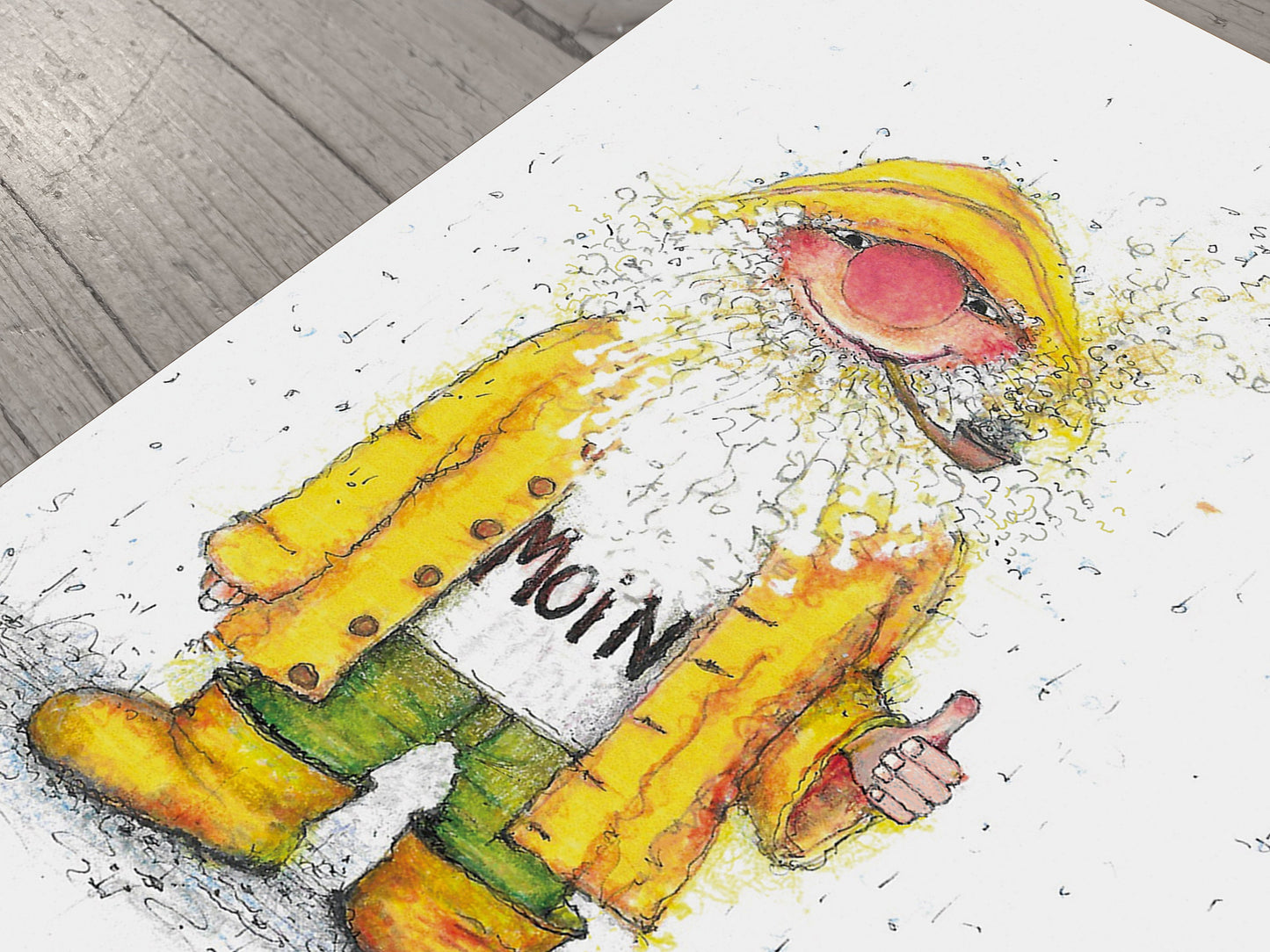 Postkarte Wichtel Moin | Hamburger im Friesennerz handgezeichnet A6 Druck | Maritime Kunst