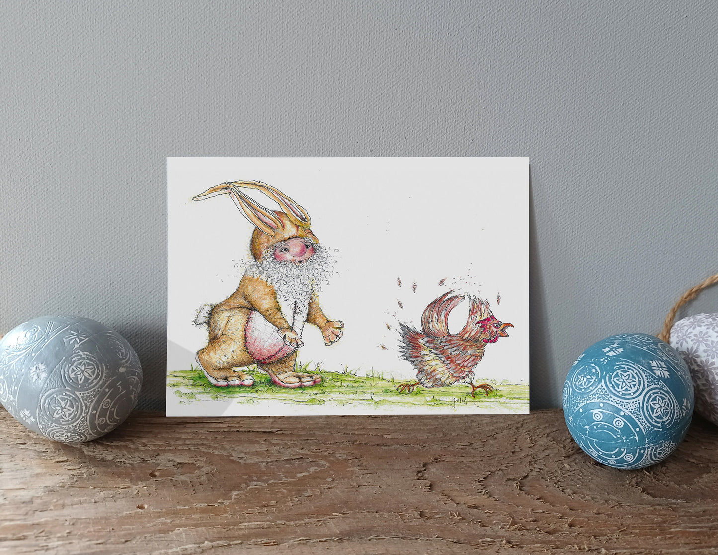 Postkarte Osterhase mit Huhn | Osterkarte handgezeichnet A6 Druck | Osterkarte mit Witz