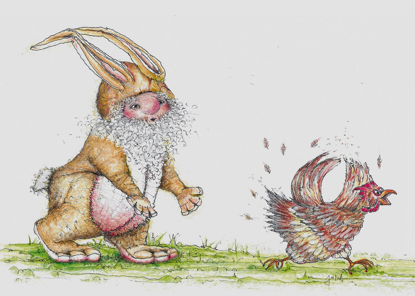 Postkarte Osterhase mit Huhn | Osterkarte handgezeichnet A6 Druck | Osterkarte mit Witz