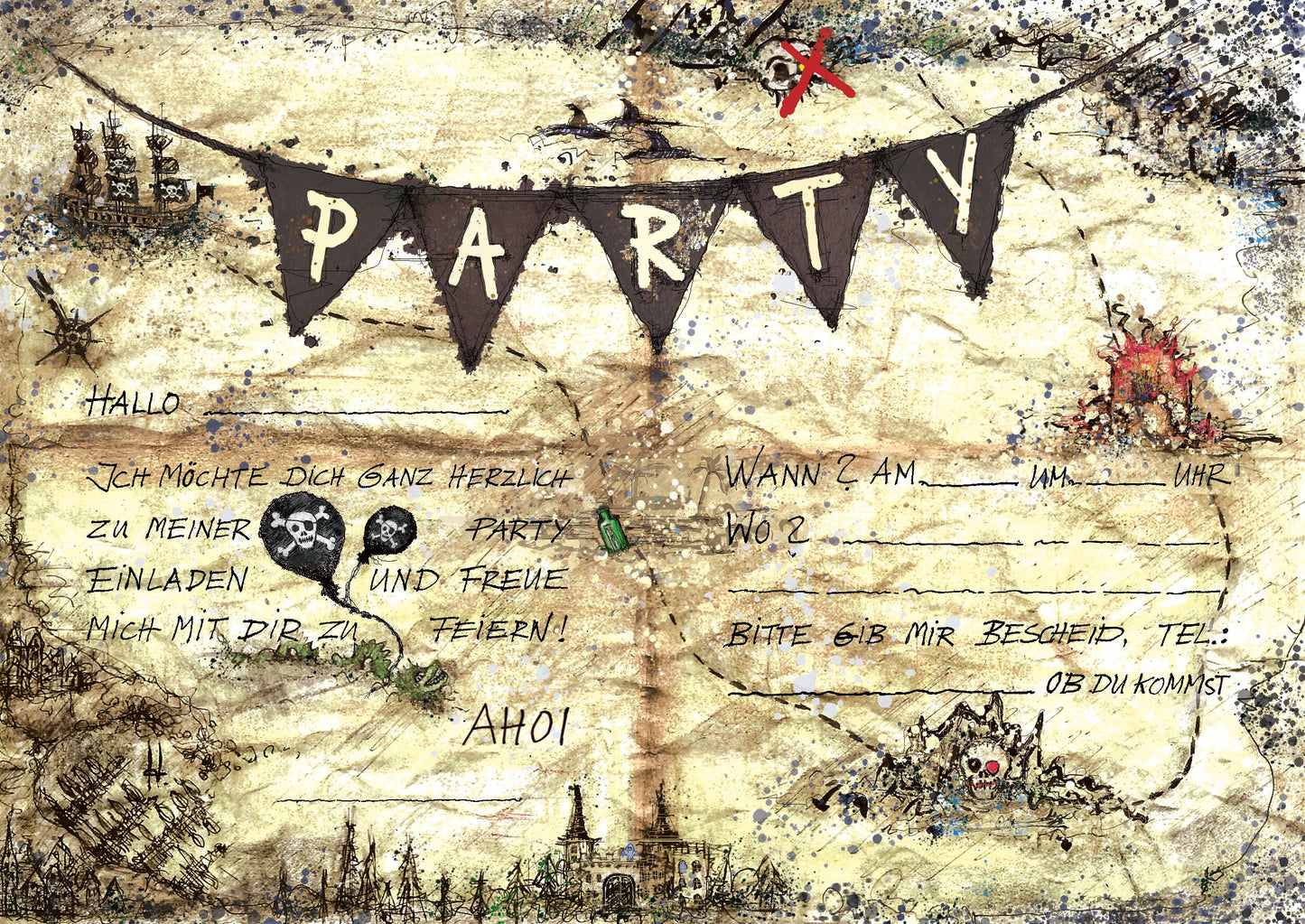 Piratenparty | Einlandungskarte Piratenkindergeburtstag | Einladung Mottoparty Piraten