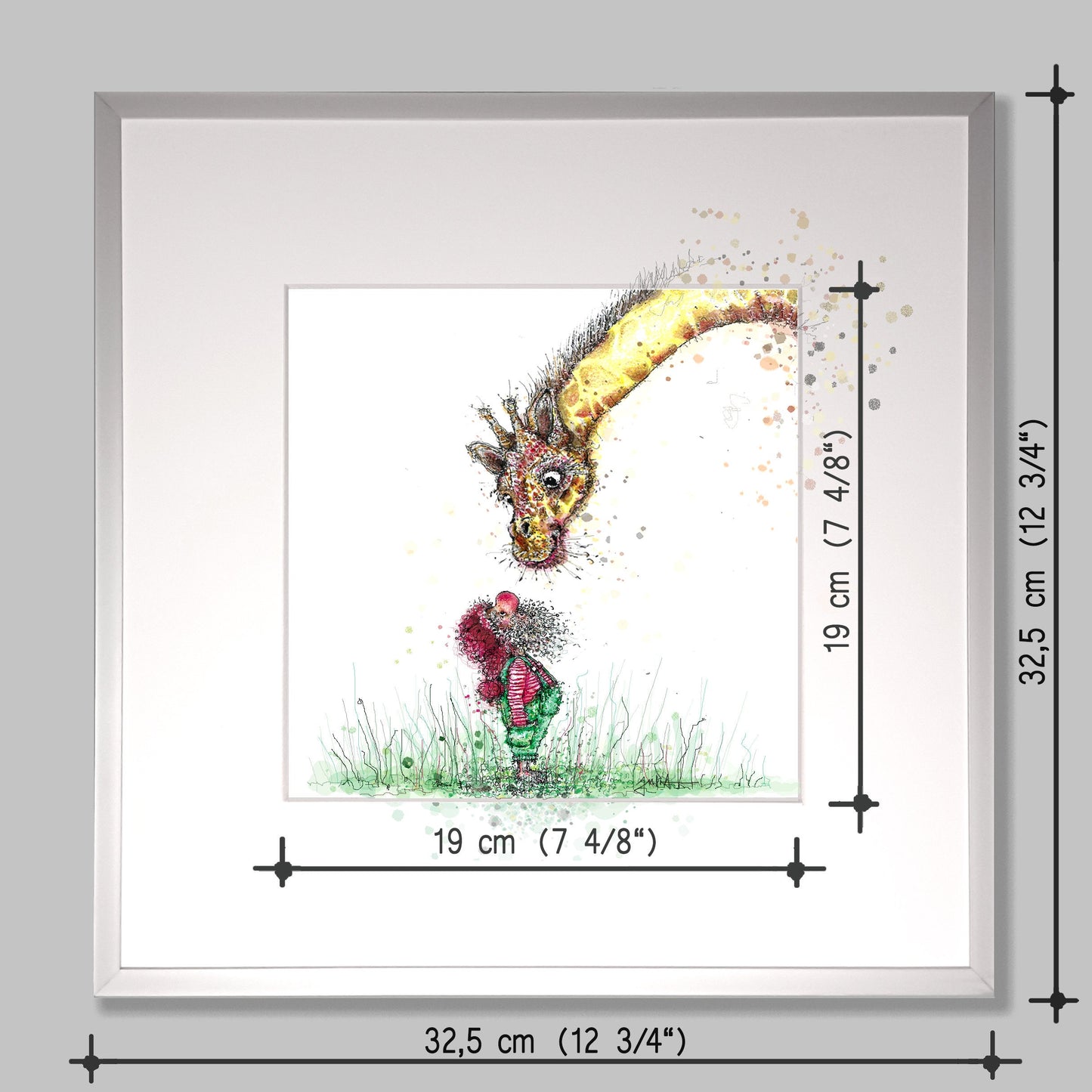 Giraffe mit Zwerg | Hochwertiger Kunstdruck im Bilderrahmen 32,5 x 32,5cm | Zeichnung Giraffe und Zwerg