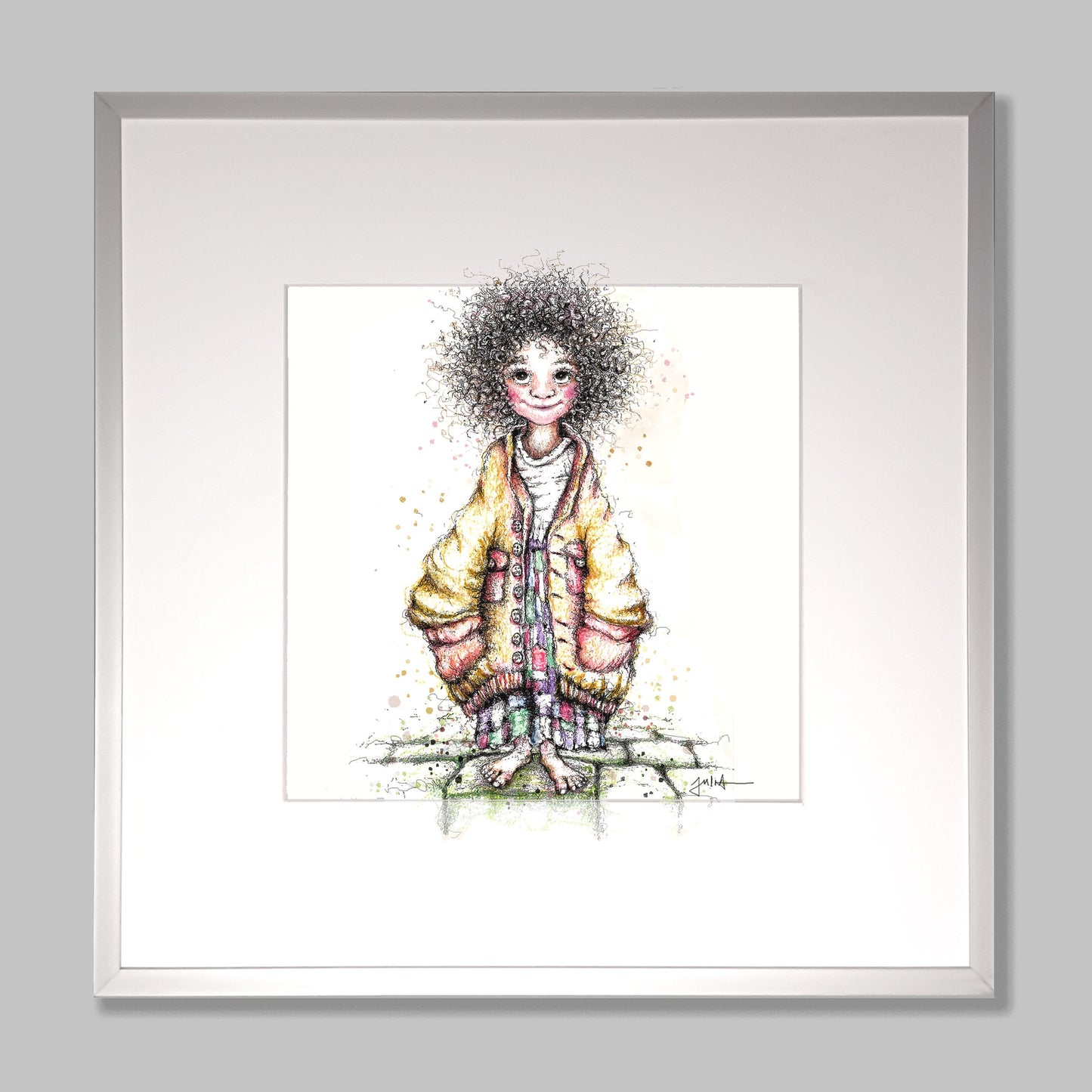 Kleine Momo | Hochwertiger Kunstdruck im Bilderrahmen 32,5 x 32,5cm | Zeichnung Momo
