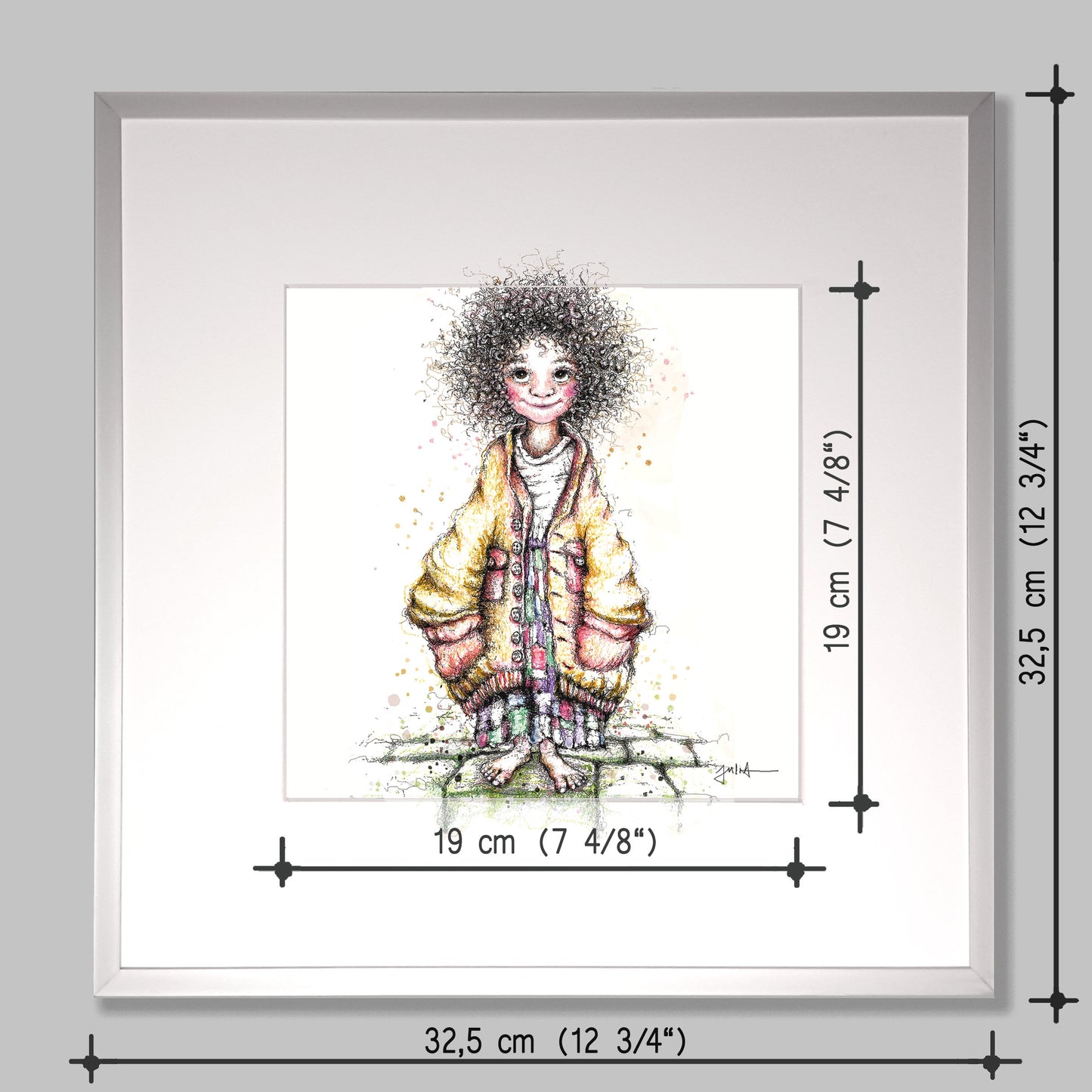 Kleine Momo | Hochwertiger Kunstdruck im Bilderrahmen 32,5 x 32,5cm | Zeichnung Momo
