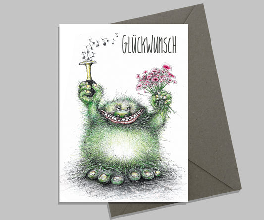 Glückwunschkarte süßes Monster | Glückwunsch Monster Troll | Geburtstagskarte Troll Monster