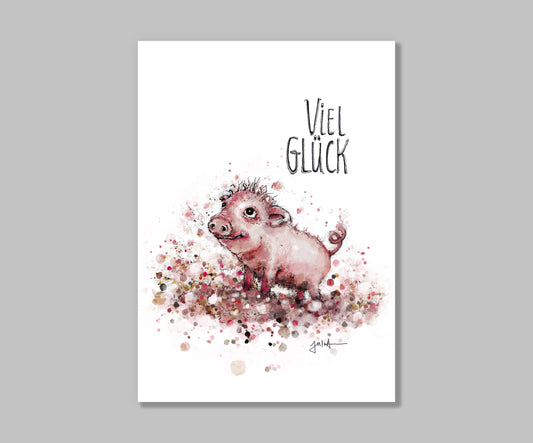 Postkarte  Viel Glück - Kleines Schweinchen| Grußkarte handgezeichnet A6 Druck | Glückschwein Karte
