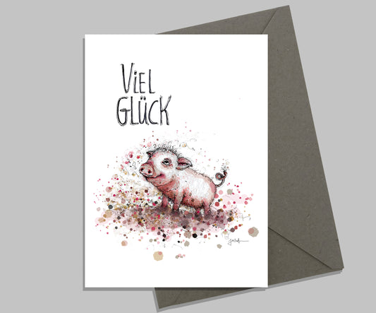 Glückwunschkarte | Glücksschweinchen Illustration | Viel Glück | Geburtskarten Baby