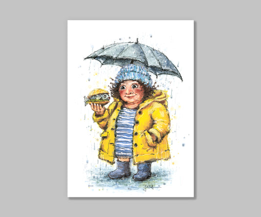 Postkarte Fischbrötchen im Regen | Hamburgerin handgezeichnet A6 Druck | Maritime Kunst mit nordischem Witz