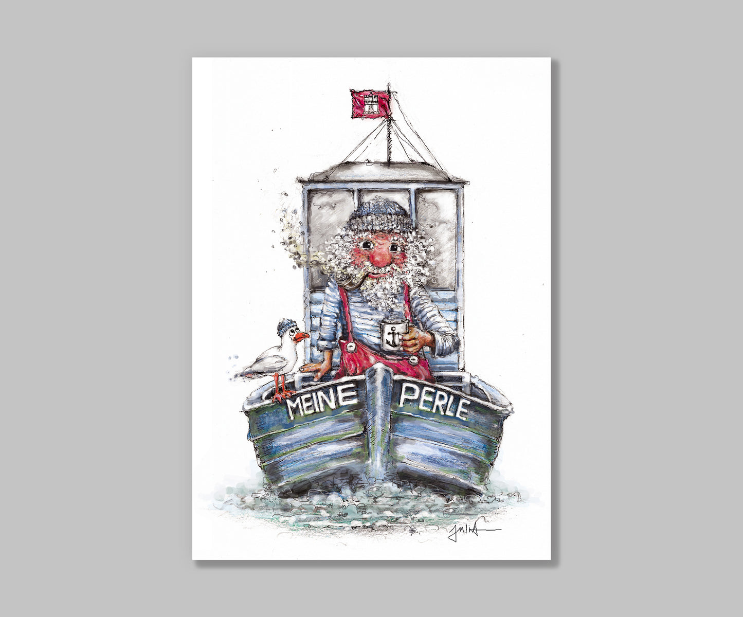 Postkarte Meine Perle | Hamburger Wichtel auf hoher See | Handgezeichnete A6 Kunstkarte