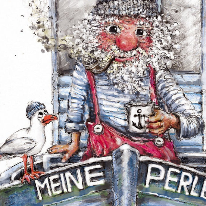 Postkarte Meine Perle | Hamburger Wichtel auf hoher See | Handgezeichnete A6 Kunstkarte
