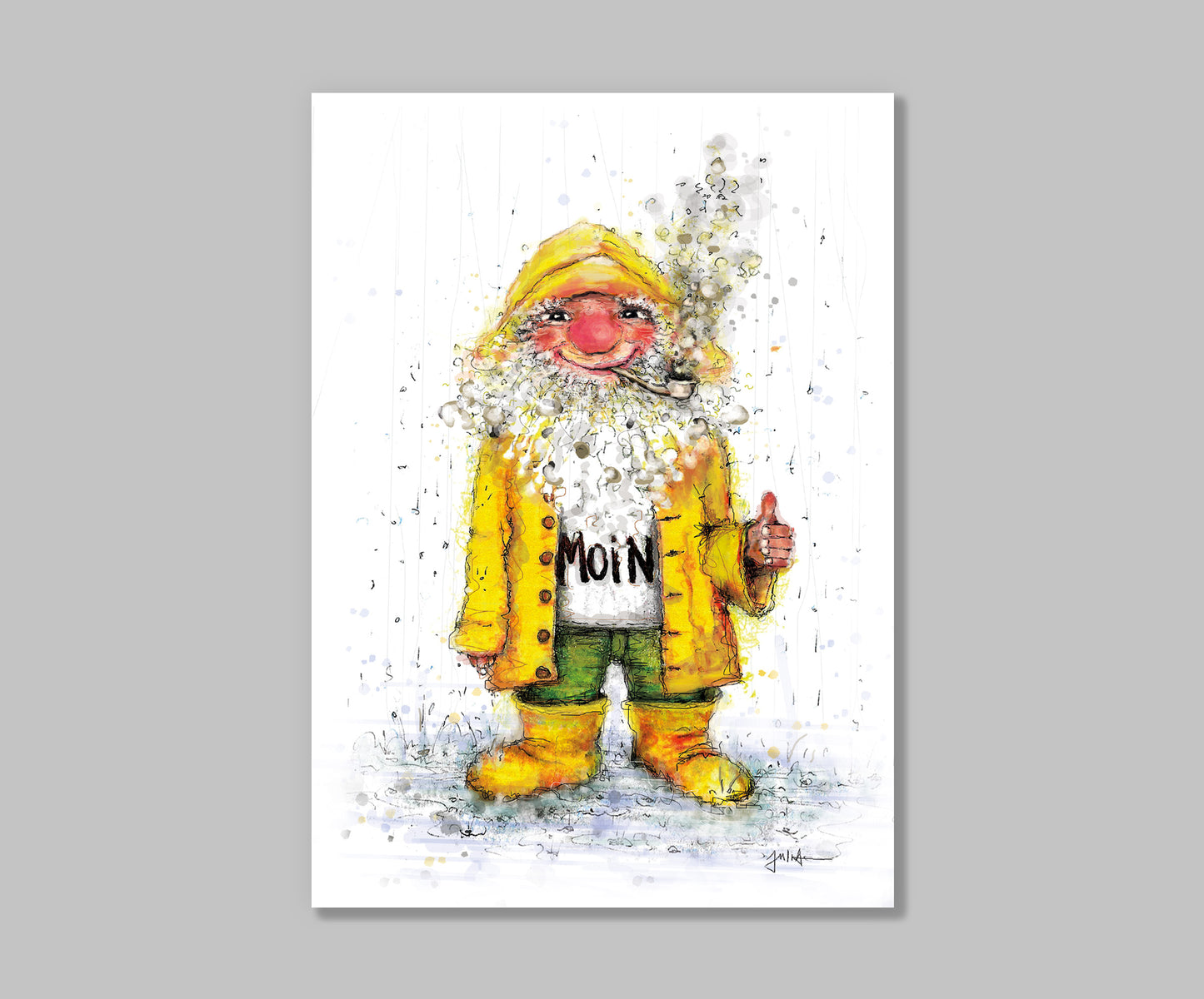 Postkarte Wichtel Moin | Hamburger im Friesennerz handgezeichnet A6 Druck | Maritime Kunst