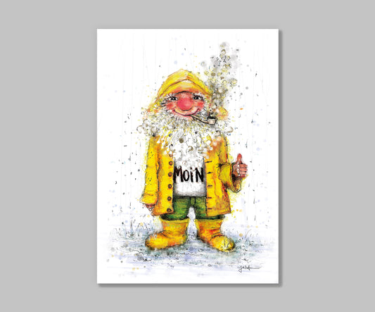 Postkarte Wichtel Moin | Hamburger im Friesennerz handgezeichnet A6 Druck | Maritime Kunst