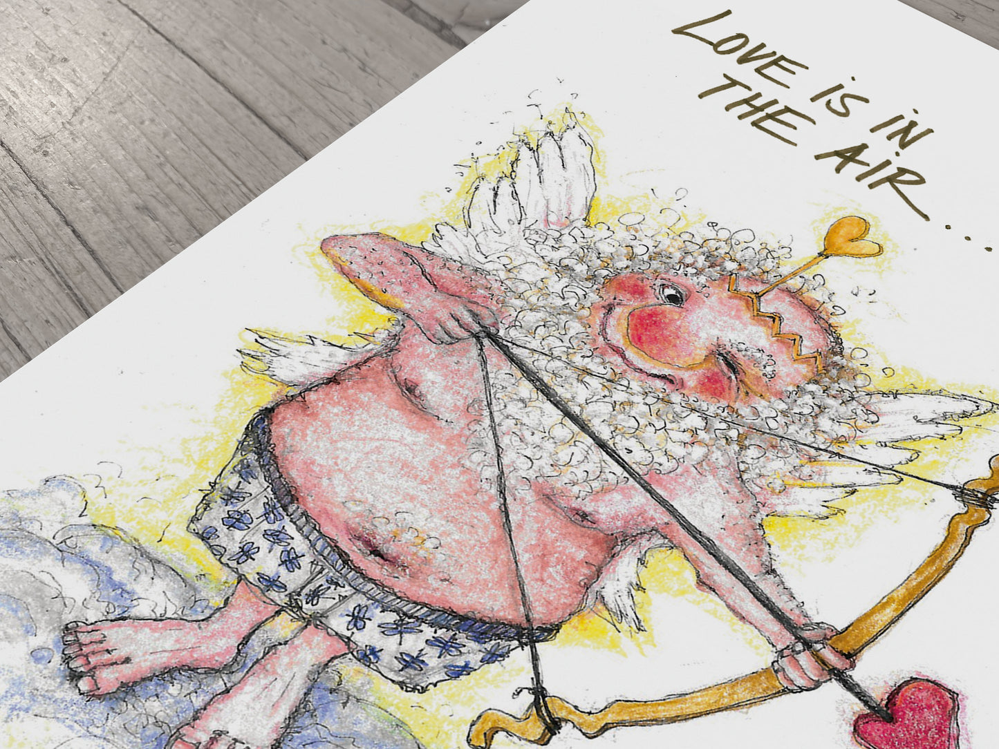 Postkarte Amor-Love Love is in the Air | Valentin Karte Liebesgott handgezeichnet A6 Druck | Kunst mit Witz