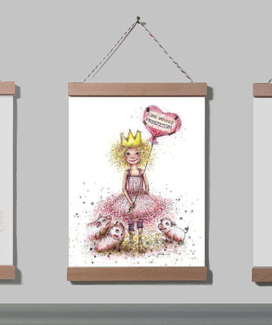 Poster Kleine Prinzessin A4 | Bild A4 Mädchen Wahre Prinzessin | Prinzessin mit Schweinchen auf Leinwand